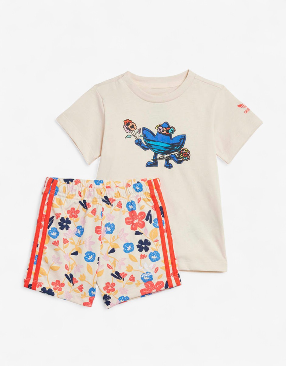ADIDAS Originals Floral Shorts Tee Set Beige/Multi