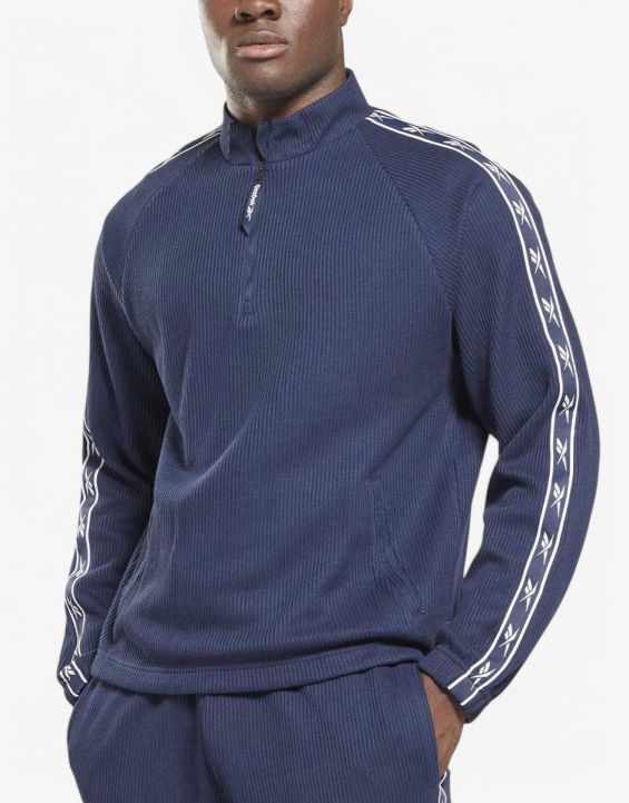 'REEBOK Identity Vector Tape Waffle 1/4 Zip Top Navy 'REEBOK Identity Vector Tape Waffle 1/4 Zip Top Navy