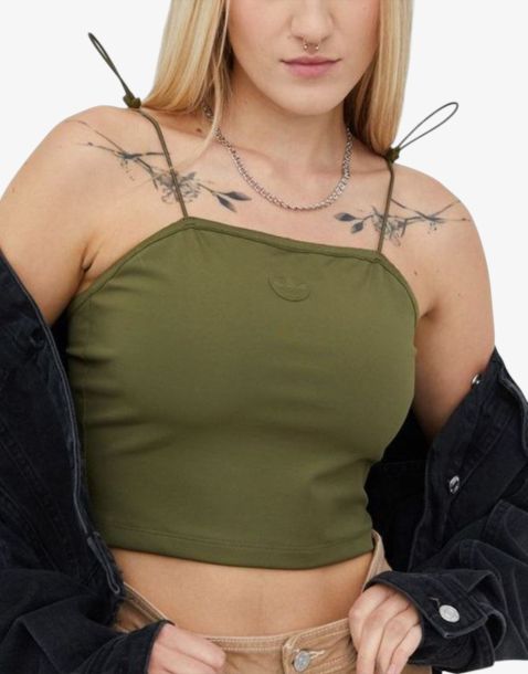 ADIDAS Logo-Print Spaghetti Strap Crop Top Green